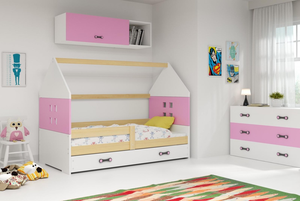 Dětská postel Dominik 80x160 borovice/růžová/bílá